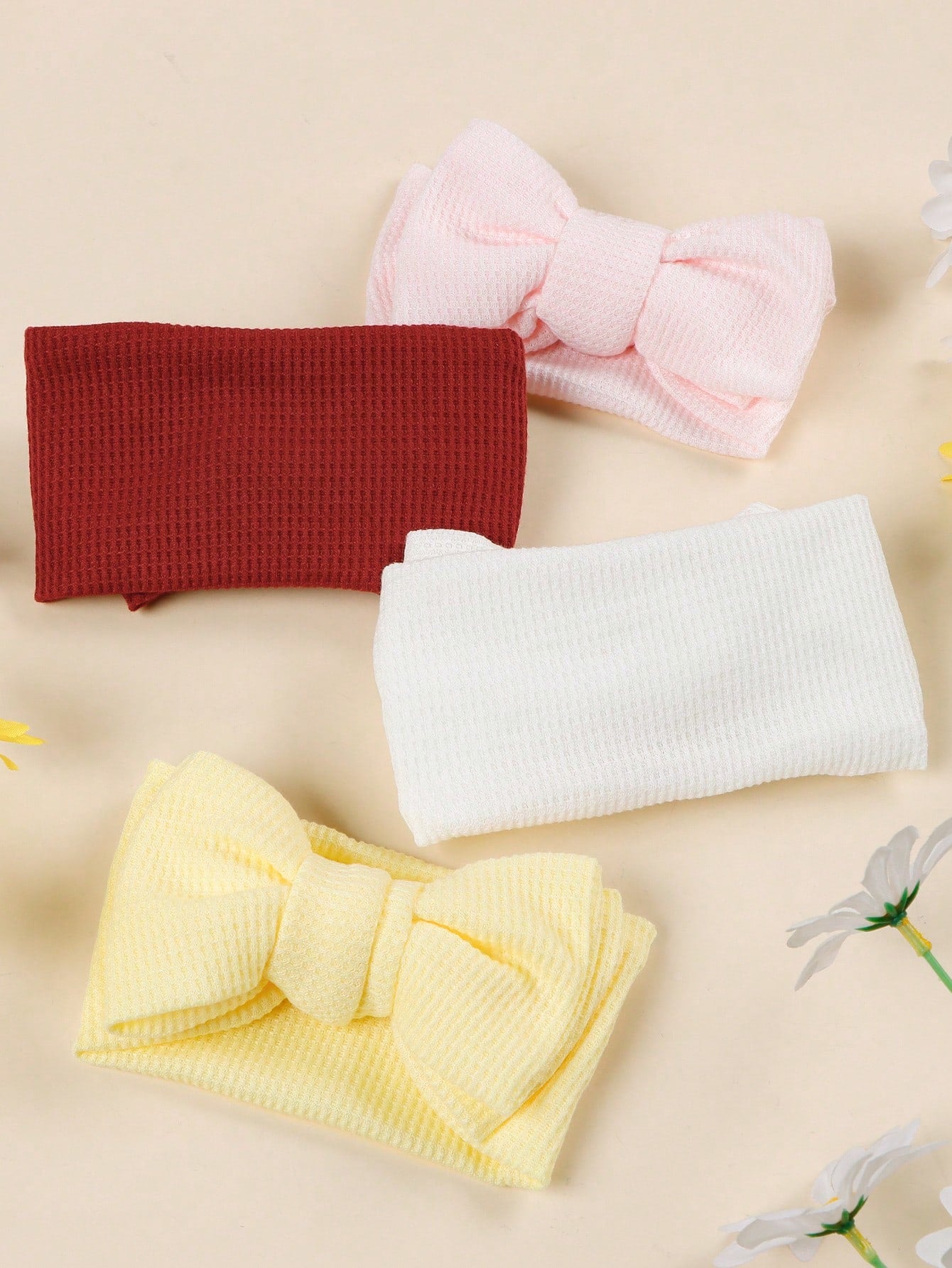 High Elastic Soft Waffle Knit Baby Headband, Macaron Pink Yellow Burgundy Solid Color 3D Large Bow Wide Band, Skin-Friendly Non-Tightening For Newborn Baby Girl, Full Month, First Birthday, Photoshoot