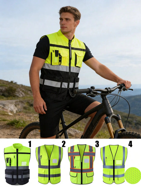 High Visibility Reflective Safety Vest, Motorcycle Riding Sports, Outdoor Reflective Safety Clothing, Reflective Jacket, Cool Vest With Universal Reflective Strips, Fluorescent Green Work Wear, Multip