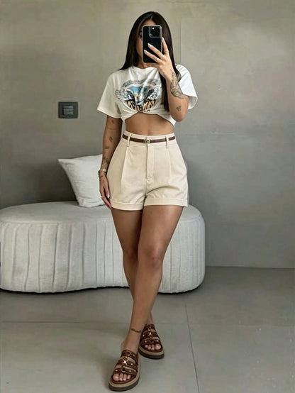 High-Waisted Pleated Office Summer Women's Smooth Woven Apricot Slim Fit Casual Wide Leg Straight Hot Pants Without Belt, Work To Weekend