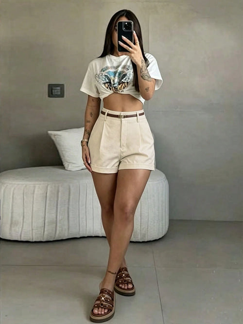 High-Waisted Pleated Office Summer Women's Smooth Woven Apricot Slim Fit Casual Wide Leg Straight Hot Pants Without Belt, Work To Weekend