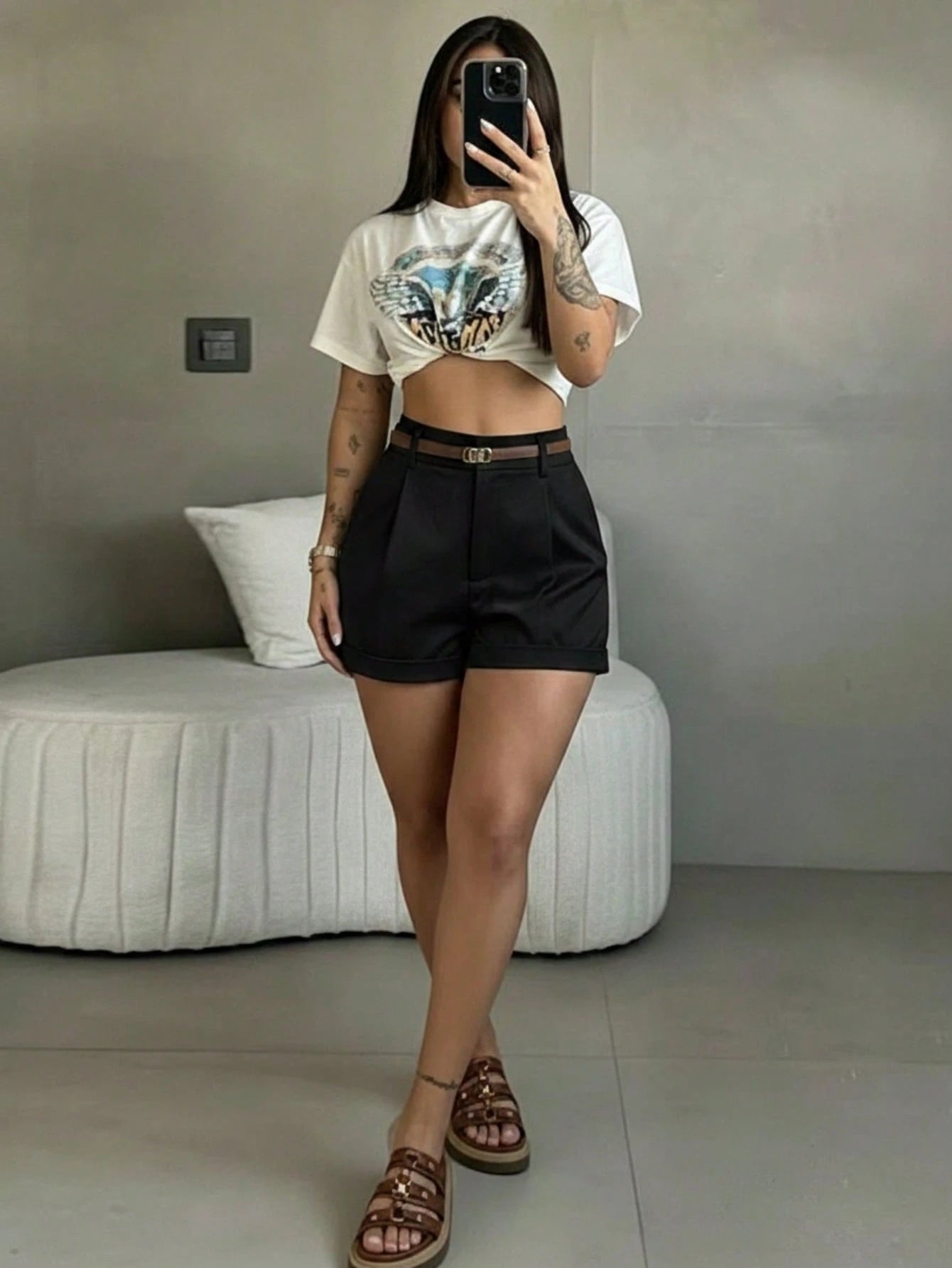 High-Waisted Pleated Office Summer Women's Smooth Woven Apricot Slim Fit Casual Wide Leg Straight Hot Pants Without Belt, Work To Weekend