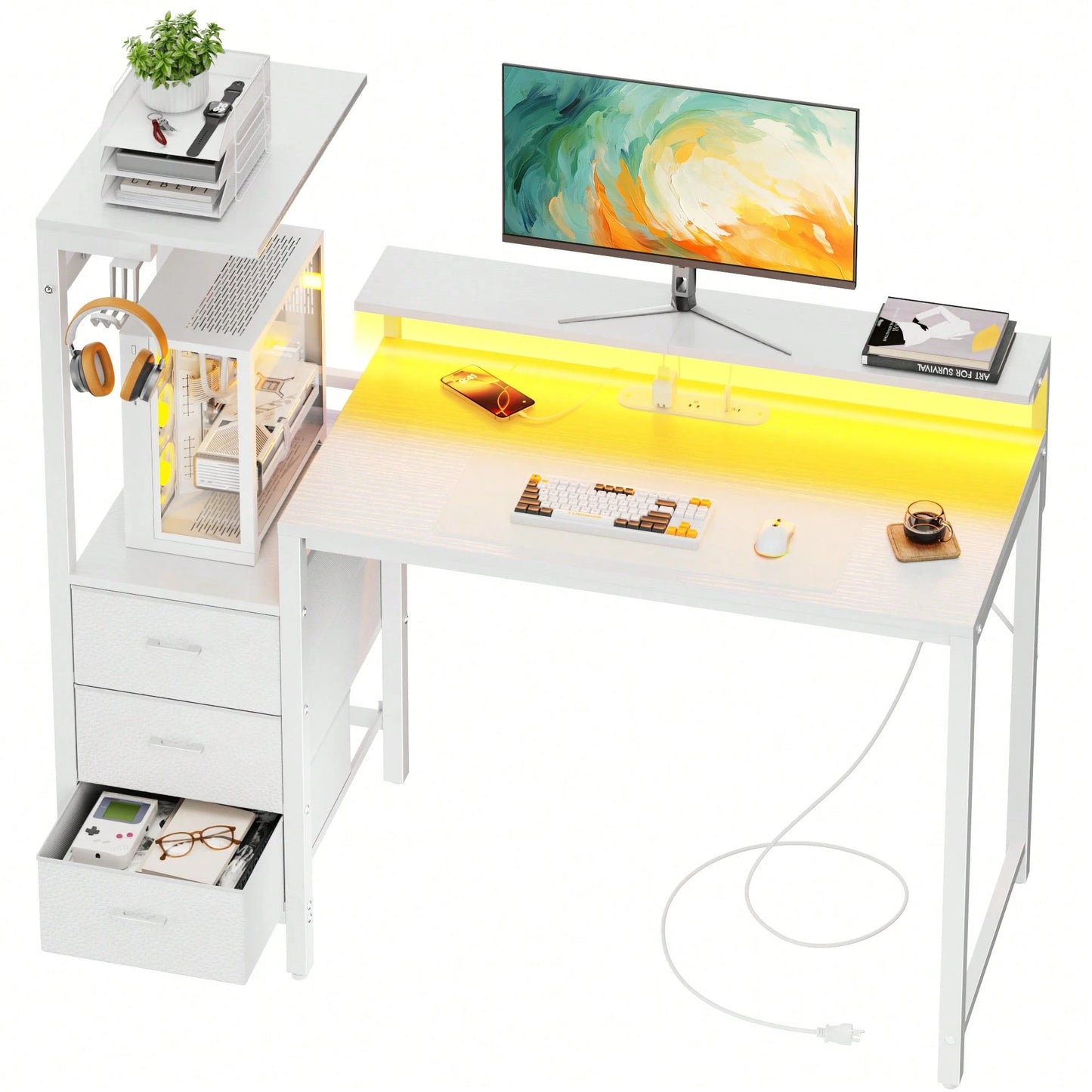 HLDIRECT Gaming Desk With Monitor Stand & Dresser, LED Lights, Built-In Power Outlets & USB Charging, Home Office Computer Desk With Storage Drawers, PC Tower Stand & Headphone Hook, Modern Workstatio