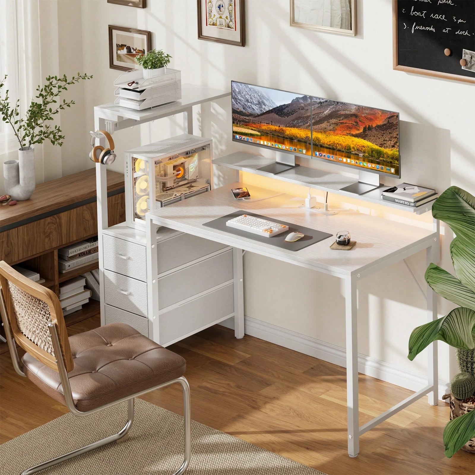 HLDIRECT Gaming Desk With Monitor Stand & Dresser, LED Lights, Built-In Power Outlets & USB Charging, Home Office Computer Desk With Storage Drawers, PC Tower Stand & Headphone Hook, Modern Workstatio