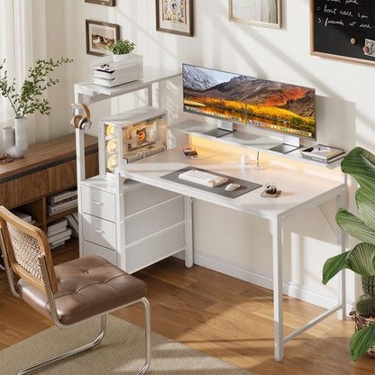 HLDIRECT Gaming Desk With Monitor Stand & Dresser, LED Lights, Built-In Power Outlets & USB Charging, Home Office Computer Desk With Storage Drawers, PC Tower Stand & Headphone Hook, Modern Workstatio