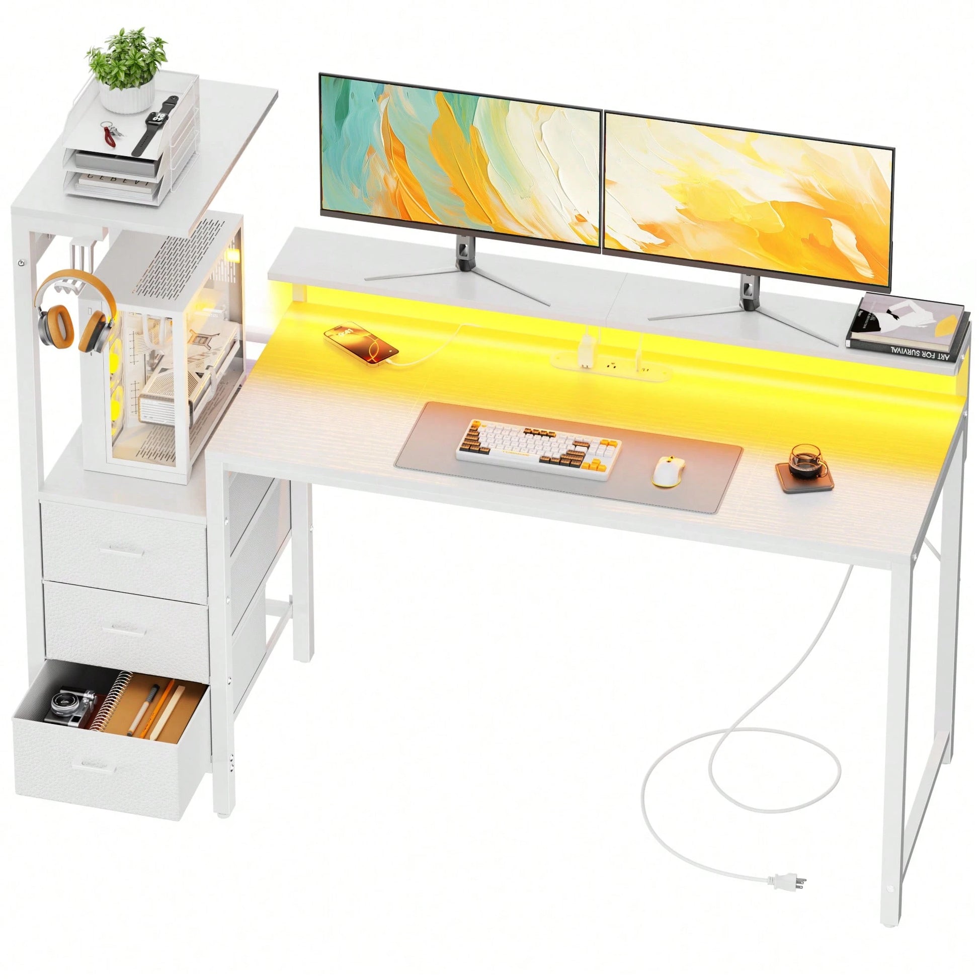 HLDIRECT Gaming Desk With Monitor Stand & Dresser, LED Lights, Built-In Power Outlets & USB Charging, Home Office Computer Desk With Storage Drawers, PC Tower Stand & Headphone Hook, Modern Workstatio