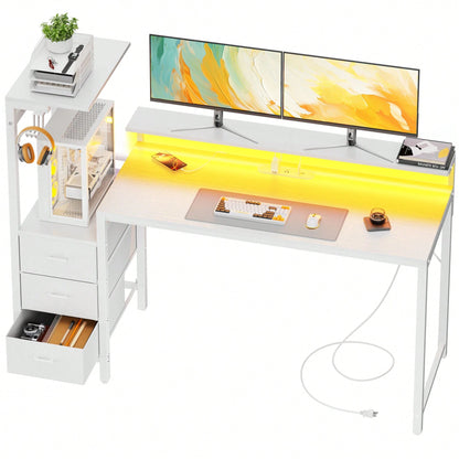HLDIRECT Gaming Desk With Monitor Stand & Dresser, LED Lights, Built-In Power Outlets & USB Charging, Home Office Computer Desk With Storage Drawers, PC Tower Stand & Headphone Hook, Modern Workstatio