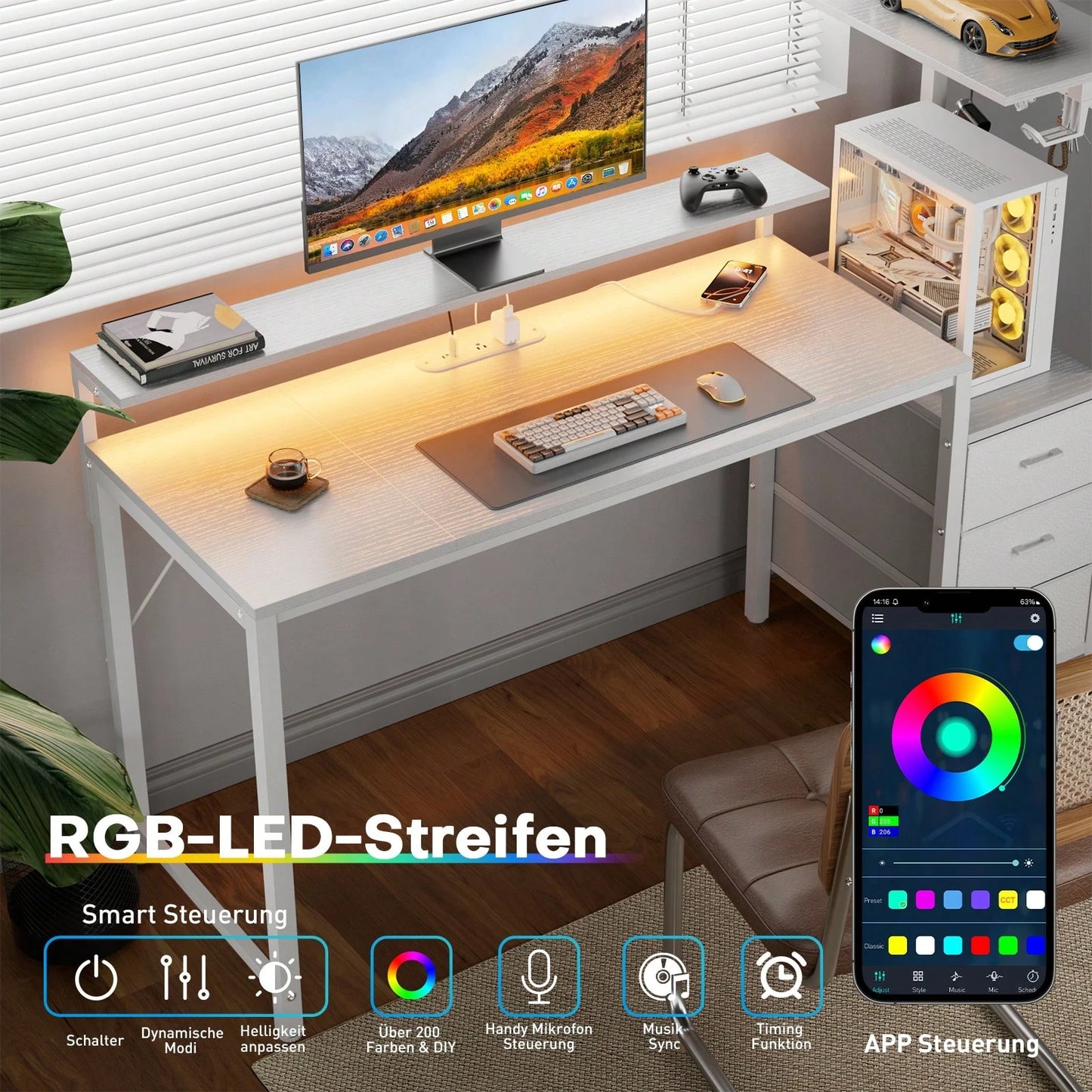 HLDIRECT Gaming Desk With Monitor Stand & Dresser, LED Lights, Built-In Power Outlets & USB Charging, Home Office Computer Desk With Storage Drawers, PC Tower Stand & Headphone Hook, Modern Workstatio