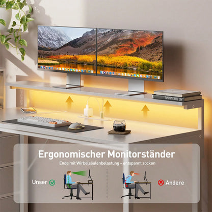 HLDIRECT Gaming Desk With Monitor Stand & Dresser, LED Lights, Built-In Power Outlets & USB Charging, Home Office Computer Desk With Storage Drawers, PC Tower Stand & Headphone Hook, Modern Workstatio
