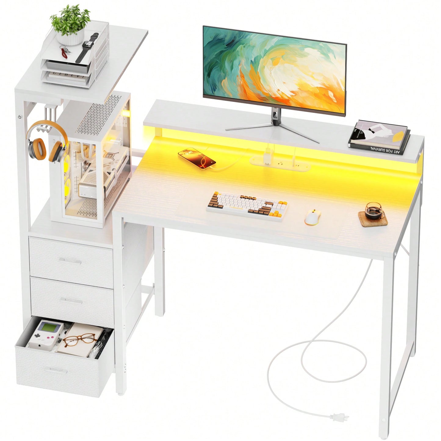 HLDIRECT Gaming Desk With Monitor Stand & Dresser, LED Lights, Built-In Power Outlets & USB Charging, Home Office Computer Desk With Storage Drawers, PC Tower Stand & Headphone Hook, Modern Workstatio