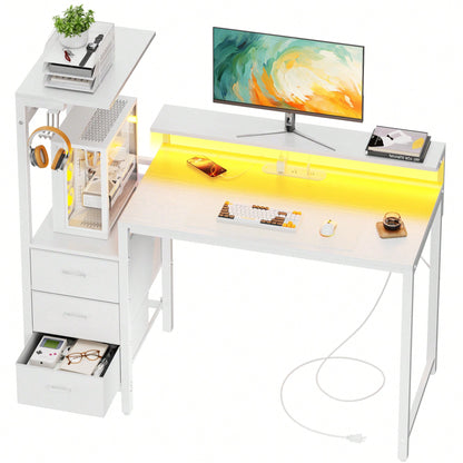 HLDIRECT Gaming Desk With Monitor Stand & Dresser, LED Lights, Built-In Power Outlets & USB Charging, Home Office Computer Desk With Storage Drawers, PC Tower Stand & Headphone Hook, Modern Workstatio