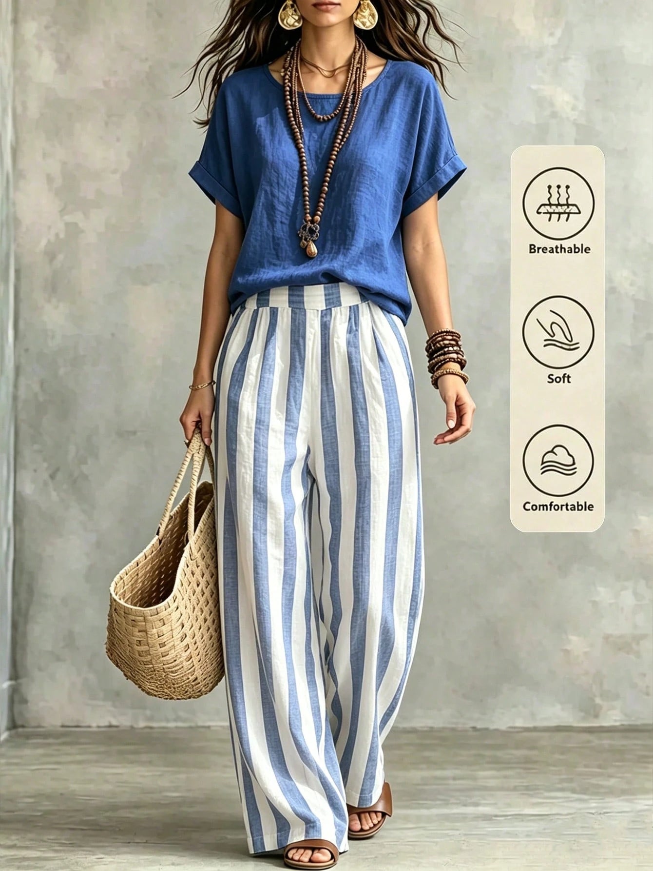 Holidaya Women's Casual Summer Top & Striped Pants 2 Pieces Set