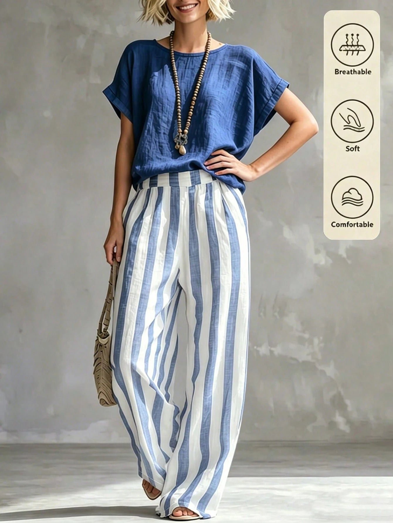Holidaya Women's Casual Summer Top & Striped Pants 2 Pieces Set