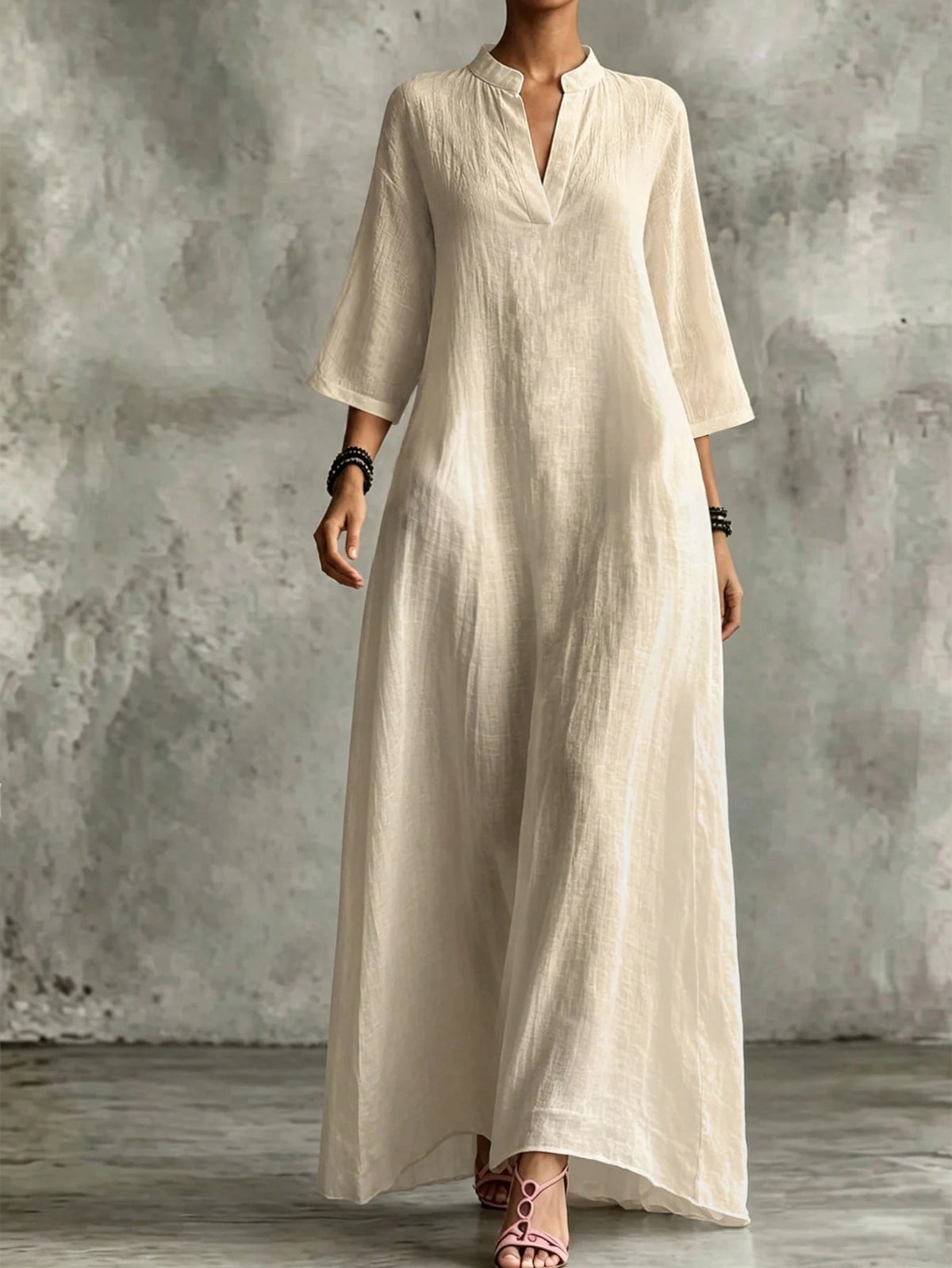 Holidaya Women's Loose Dress, Textured V-Neck Design, Light Apricot, Loose Fit Suitable For Vacation And Casual Long Dress, Women's Dress, Women's Elegant Dress, Women's Loose Dress, Women's Bea