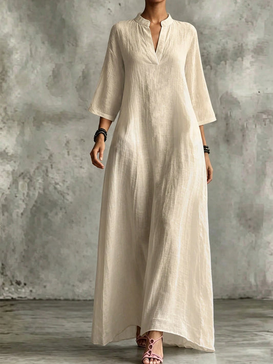 Holidaya Women's Loose Dress, Textured V-Neck Design, Light Apricot, Loose Fit Suitable For Vacation And Casual Long Dress, Women's Dress, Women's Elegant Dress, Women's Loose Dress, Women's Bea