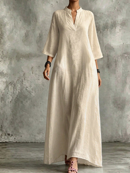 Holidaya Women's Loose Dress, Textured V-Neck Design, Light Apricot, Loose Fit Suitable For Vacation And Casual Long Dress, Women's Dress, Women's Elegant Dress, Women's Loose Dress, Women's Bea