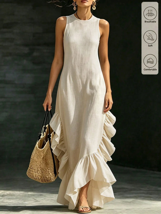 Holidaya Women's Spring/Summer French Gentle Style Textured Ruffle Sleeveless Maxi Dress, Featuring Round Neck Sleeveless Design, Paired With Large Side Ruffles And Hem Ruffle Patchwork, Crinkle