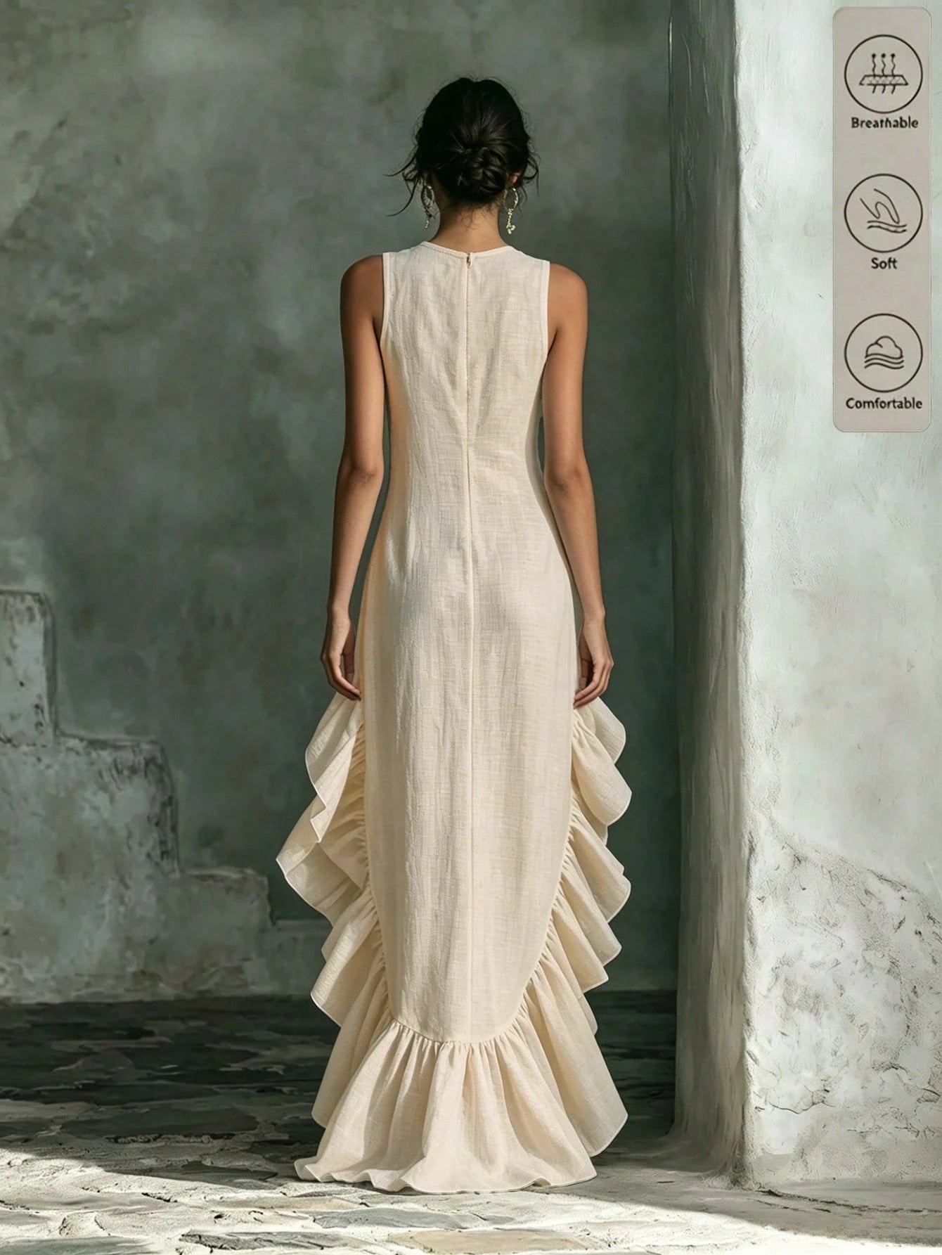 Holidaya Women's Spring/Summer French Gentle Style Textured Ruffle Sleeveless Maxi Dress, Featuring Round Neck Sleeveless Design, Paired With Large Side Ruffles And Hem Ruffle Patchwork, Crinkle