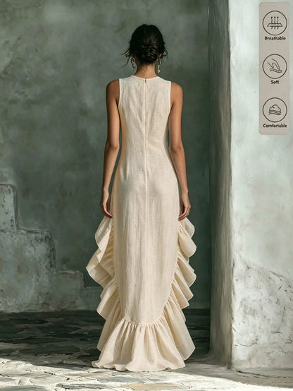 Holidaya Women's Spring/Summer French Gentle Style Textured Ruffle Sleeveless Maxi Dress, Featuring Round Neck Sleeveless Design, Paired With Large Side Ruffles And Hem Ruffle Patchwork, Crinkle