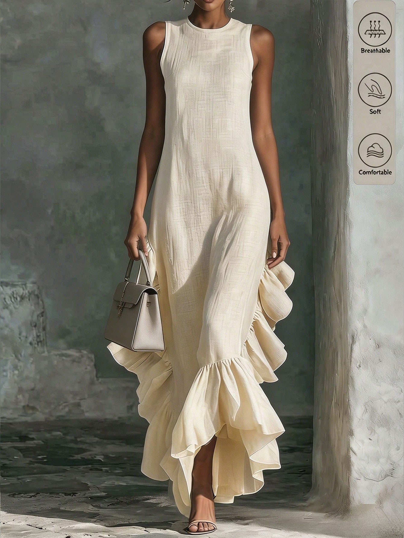 Holidaya Women's Spring/Summer French Gentle Style Textured Ruffle Sleeveless Maxi Dress, Featuring Round Neck Sleeveless Design, Paired With Large Side Ruffles And Hem Ruffle Patchwork, Crinkle
