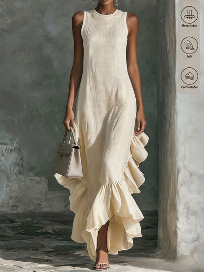 Holidaya Women's Spring/Summer French Gentle Style Textured Ruffle Sleeveless Maxi Dress, Featuring Round Neck Sleeveless Design, Paired With Large Side Ruffles And Hem Ruffle Patchwork, Crinkle