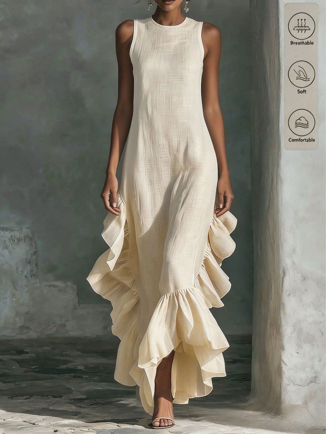 Holidaya Women's Spring/Summer French Gentle Style Textured Ruffle Sleeveless Maxi Dress, Featuring Round Neck Sleeveless Design, Paired With Large Side Ruffles And Hem Ruffle Patchwork, Crinkle