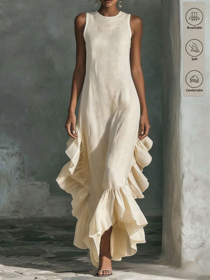 Holidaya Women's Spring/Summer French Gentle Style Textured Ruffle Sleeveless Maxi Dress, Featuring Round Neck Sleeveless Design, Paired With Large Side Ruffles And Hem Ruffle Patchwork, Crinkle