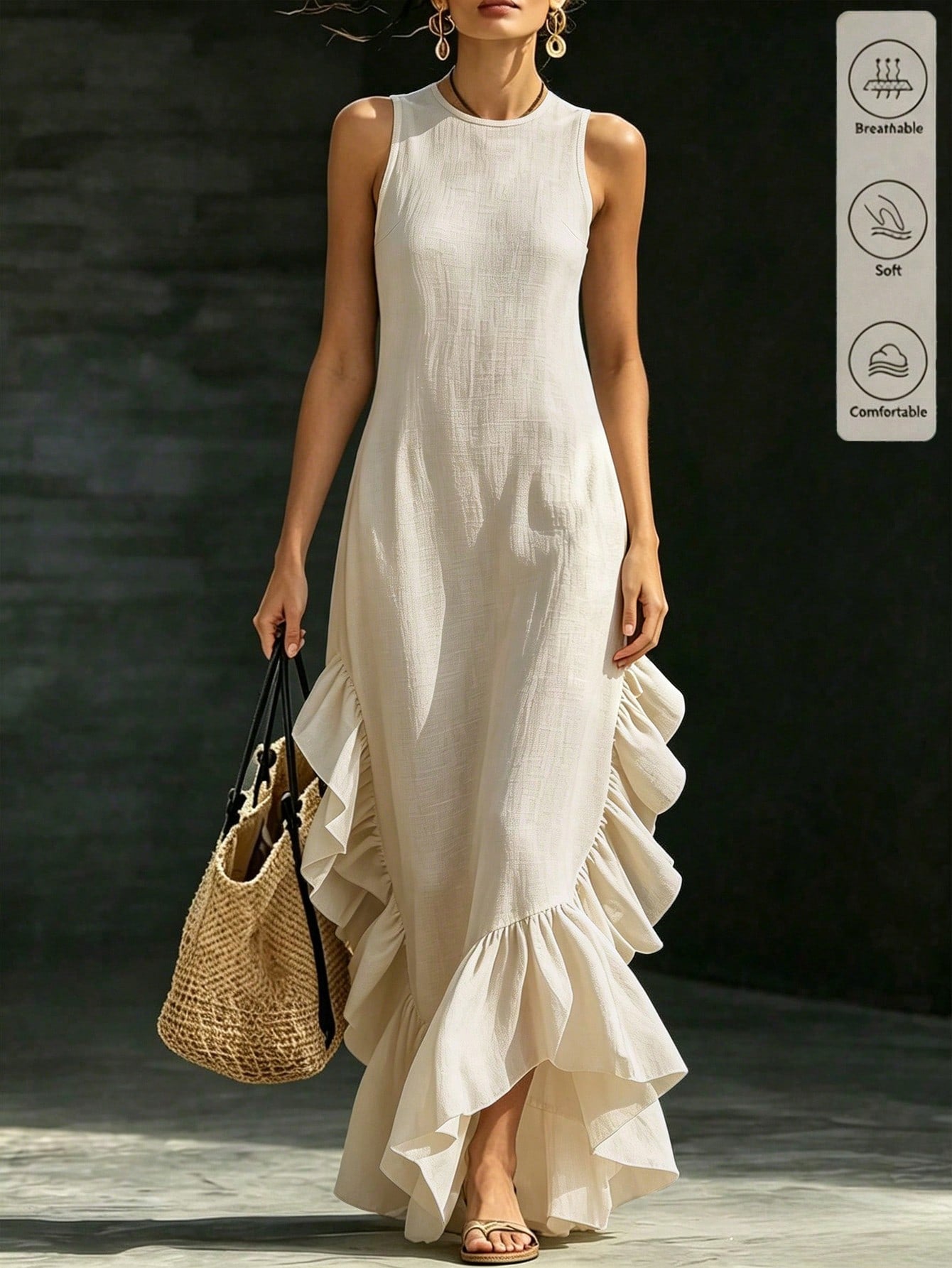 Holidaya Women's Spring/Summer French Gentle Style Textured Ruffle Sleeveless Maxi Dress, Featuring Round Neck Sleeveless Design, Paired With Large Side Ruffles And Hem Ruffle Patchwork, Crinkle
