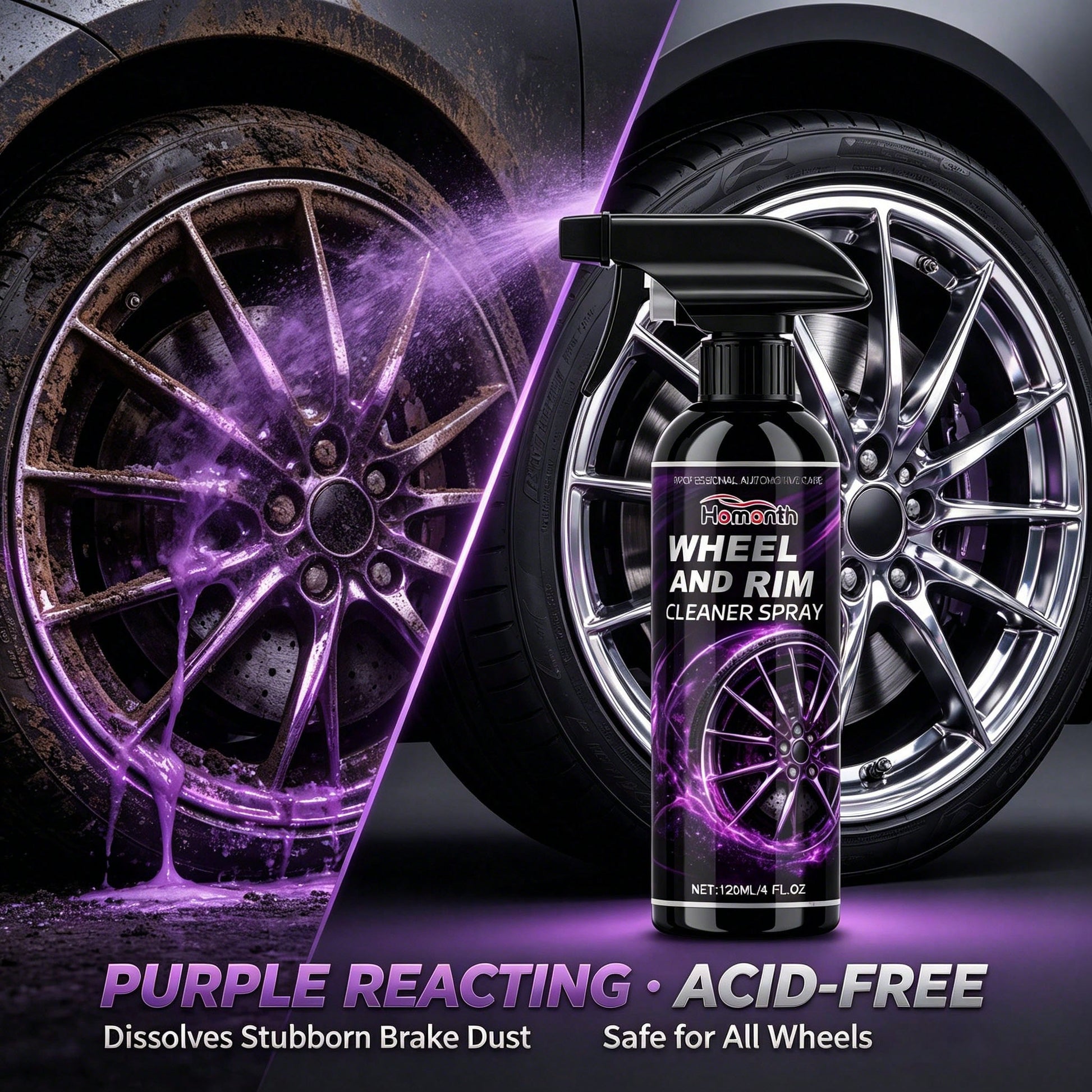 Homonth 120ML Professional Wheel & Rim Cleaner Spray, Advanced Purple Reactive Formula, PH-Balanced Wheel Cleaner, Dissolves Stubborn Dirt Brake Dust & Stains, Multi-Purpose Automotive Car Care Cleani