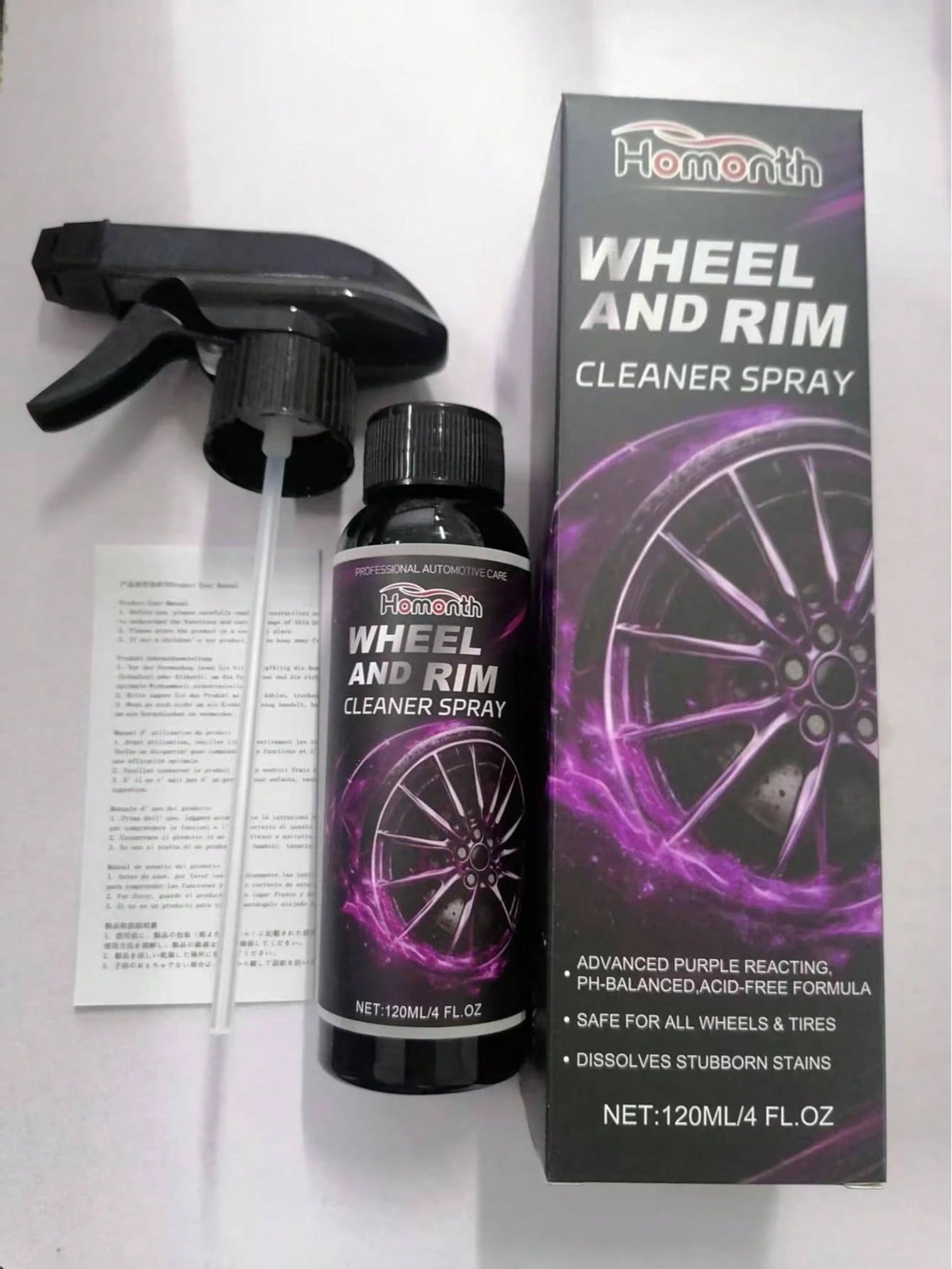 Homonth 120ML Professional Wheel & Rim Cleaner Spray, Advanced Purple Reactive Formula, PH-Balanced Wheel Cleaner, Dissolves Stubborn Dirt Brake Dust & Stains, Multi-Purpose Automotive Car Care Cleani
