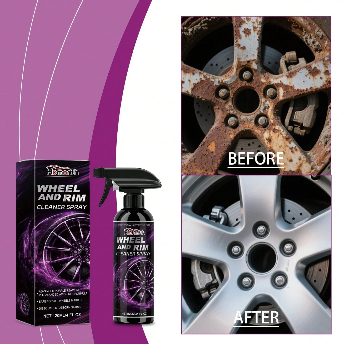 Homonth 120ML Professional Wheel & Rim Cleaner Spray, Advanced Purple Reactive Formula, PH-Balanced Wheel Cleaner, Dissolves Stubborn Dirt Brake Dust & Stains, Multi-Purpose Automotive Car Care Cleani