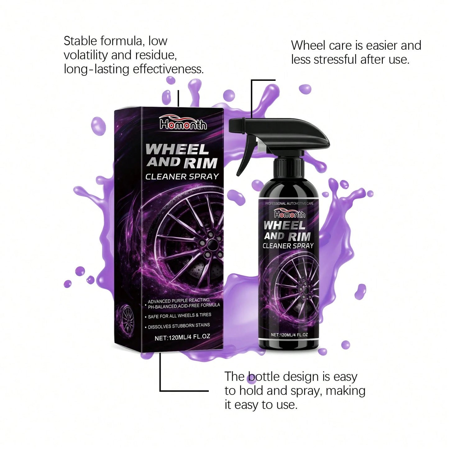 Homonth 120ML Professional Wheel & Rim Cleaner Spray, Advanced Purple Reactive Formula, PH-Balanced Wheel Cleaner, Dissolves Stubborn Dirt Brake Dust & Stains, Multi-Purpose Automotive Car Care Cleani