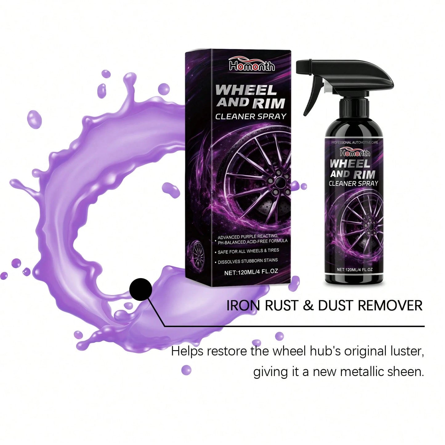 Homonth 120ML Professional Wheel & Rim Cleaner Spray, Advanced Purple Reactive Formula, PH-Balanced Wheel Cleaner, Dissolves Stubborn Dirt Brake Dust & Stains, Multi-Purpose Automotive Car Care Cleani