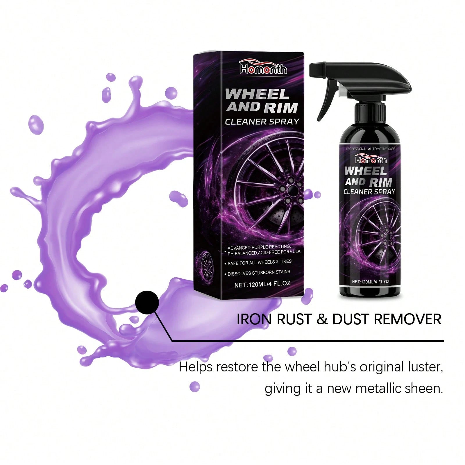 Homonth 120ML Professional Wheel & Rim Cleaner Spray, Advanced Purple Reactive Formula, PH-Balanced Wheel Cleaner, Dissolves Stubborn Dirt Brake Dust & Stains, Multi-Purpose Automotive Car Care Cleani