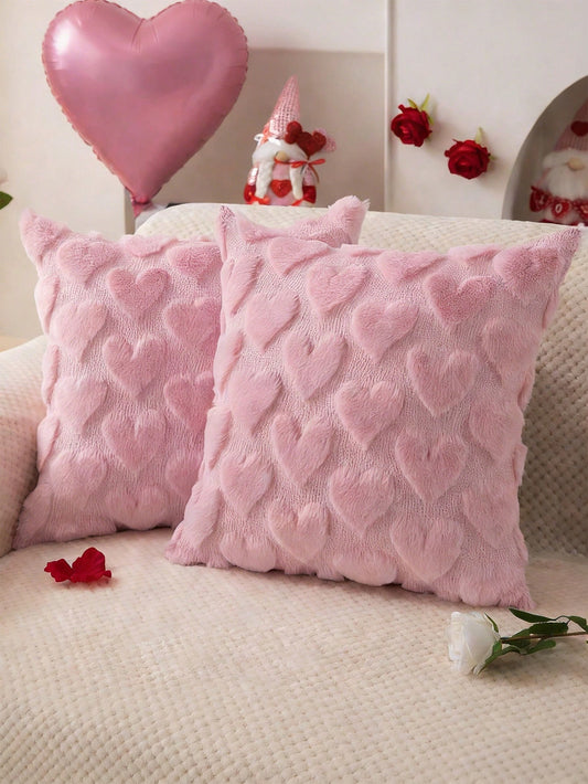 HOMPOOLL 1/2 Pcs Valentine's Day Pillowcases, 18x18 Inches, Valentine's Day Decoration, Red Heart, Soft Plush Faux Fur Jacquard Pillow, Suitable For Bedroom Sofas, Holiday Home Decor.