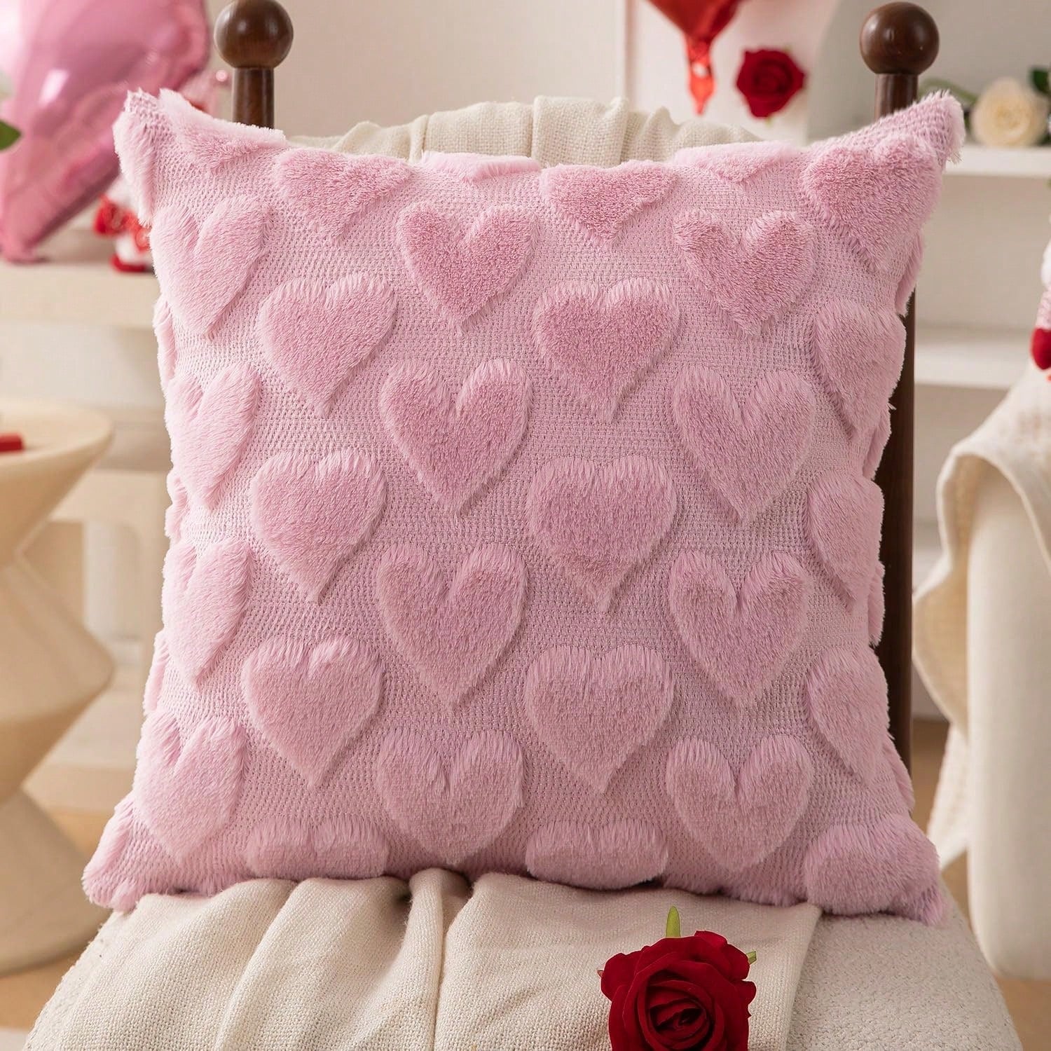 HOMPOOLL 1/2 Pcs Valentine's Day Pillowcases, 18x18 Inches, Valentine's Day Decoration, Red Heart, Soft Plush Faux Fur Jacquard Pillow, Suitable For Bedroom Sofas, Holiday Home Decor.