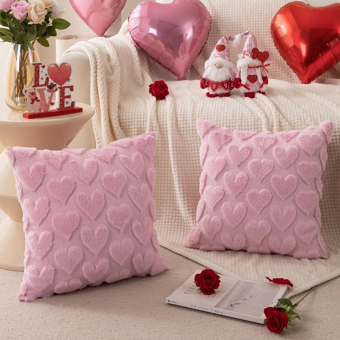HOMPOOLL 1/2 Pcs Valentine's Day Pillowcases, 18x18 Inches, Valentine's Day Decoration, Red Heart, Soft Plush Faux Fur Jacquard Pillow, Suitable For Bedroom Sofas, Holiday Home Decor.
