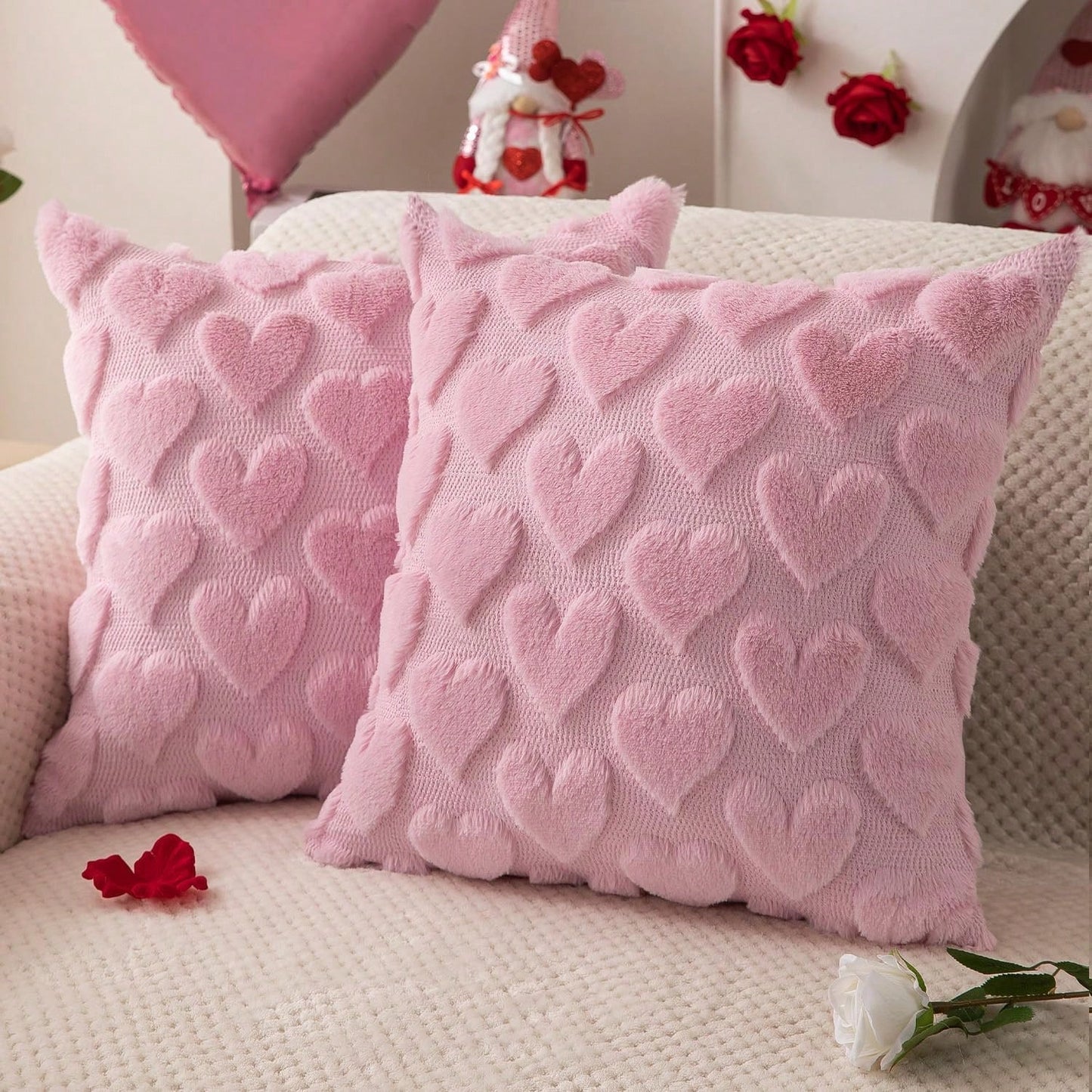HOMPOOLL 1/2 Pcs Valentine's Day Pillowcases, 18x18 Inches, Valentine's Day Decoration, Red Heart, Soft Plush Faux Fur Jacquard Pillow, Suitable For Bedroom Sofas, Holiday Home Decor.