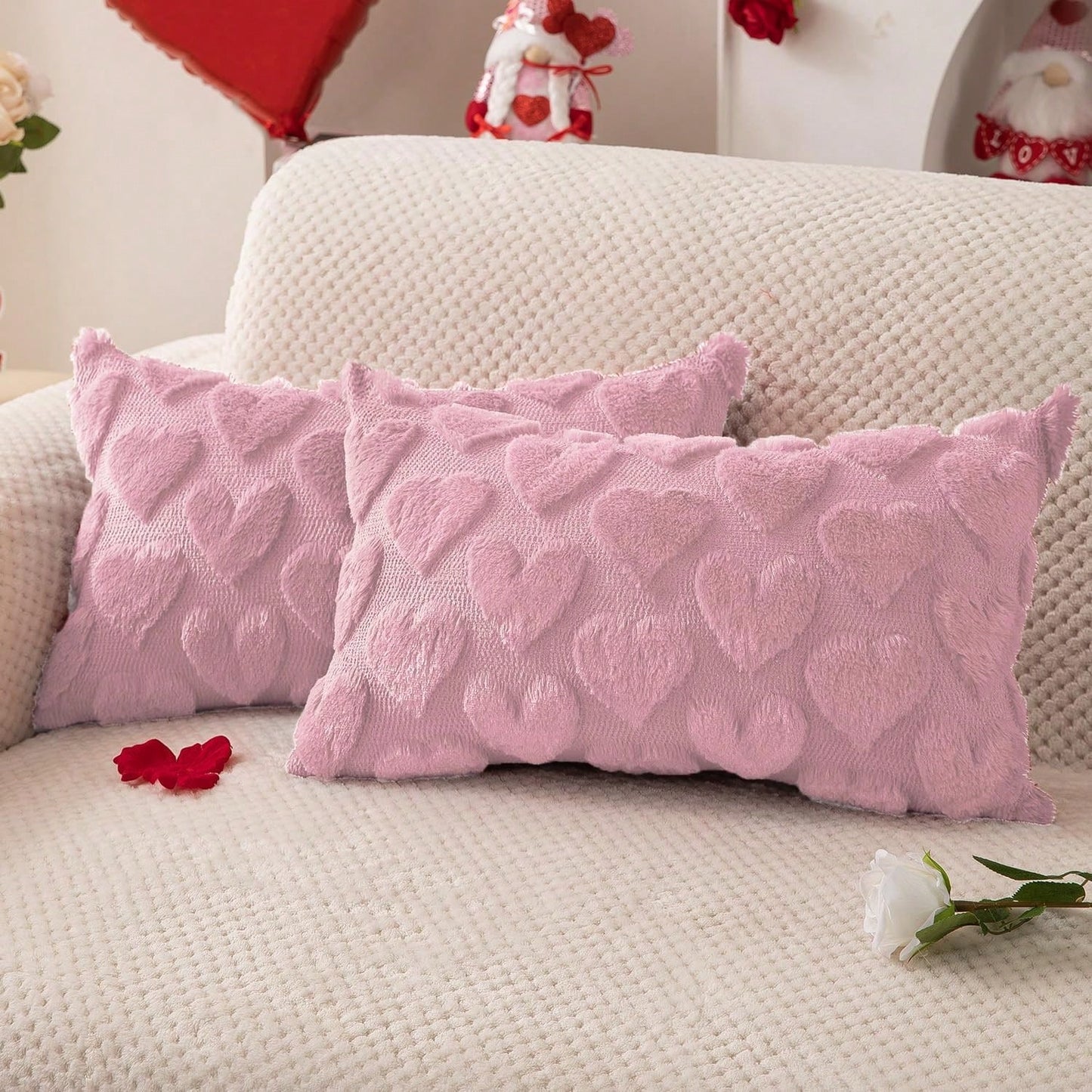 HOMPOOLL 1/2 Pcs Valentine's Day Pillowcases, 18x18 Inches, Valentine's Day Decoration, Red Heart, Soft Plush Faux Fur Jacquard Pillow, Suitable For Bedroom Sofas, Holiday Home Decor.