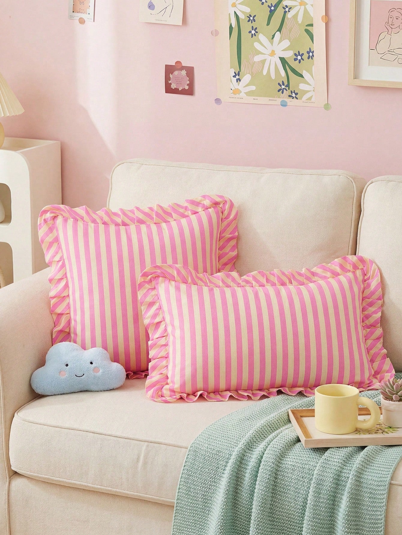 Honeymoon 1pc Printed Cushion Cover With Ruffles-Polyester Brushed Fabric Stripes Print Pattern, Soft And Breathable, Wrinkle Resistant, Pillowcase Without Filler-T F Q K Size For Home And Dorm, Oeko