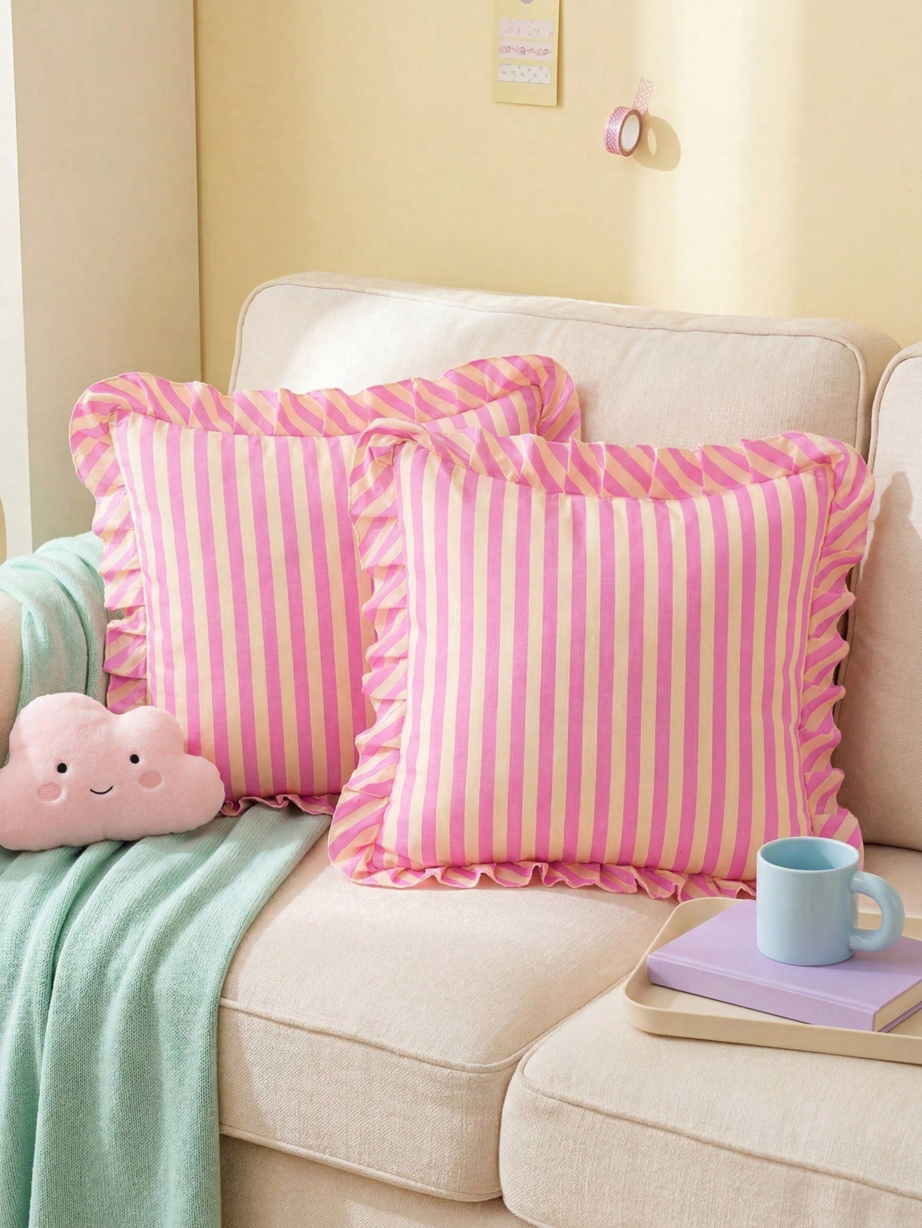 Honeymoon 1pc Printed Cushion Cover With Ruffles-Polyester Brushed Fabric Stripes Print Pattern, Soft And Breathable, Wrinkle Resistant, Pillowcase Without Filler-T F Q K Size For Home And Dorm, Oeko