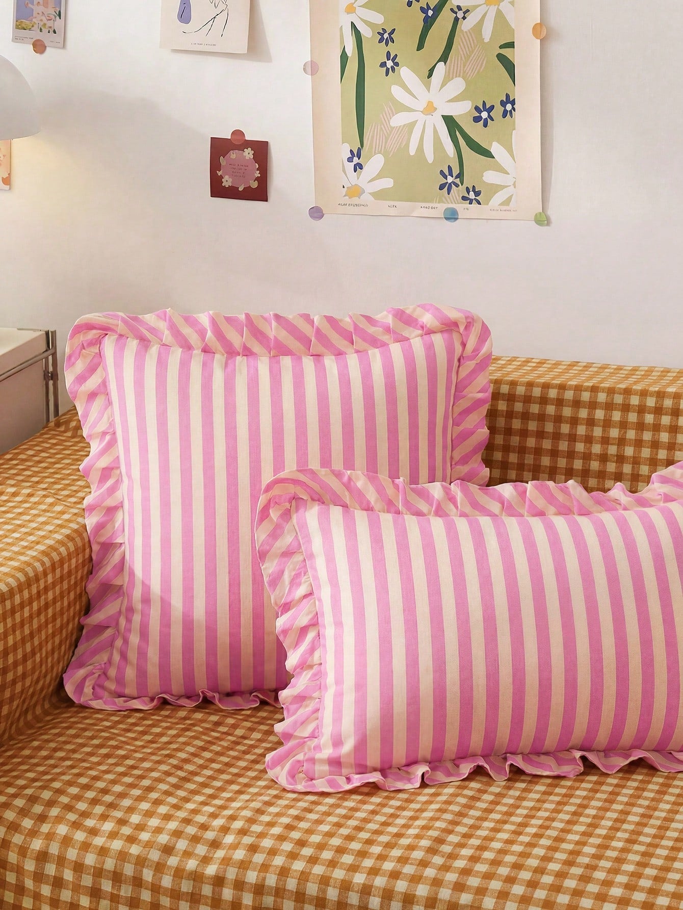 Honeymoon 1pc Printed Cushion Cover With Ruffles-Polyester Brushed Fabric Stripes Print Pattern, Soft And Breathable, Wrinkle Resistant, Pillowcase Without Filler-T F Q K Size For Home And Dorm, Oeko
