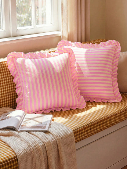 Honeymoon 1pc Printed Cushion Cover With Ruffles-Polyester Brushed Fabric Stripes Print Pattern, Soft And Breathable, Wrinkle Resistant, Pillowcase Without Filler-T F Q K Size For Home And Dorm, Oeko