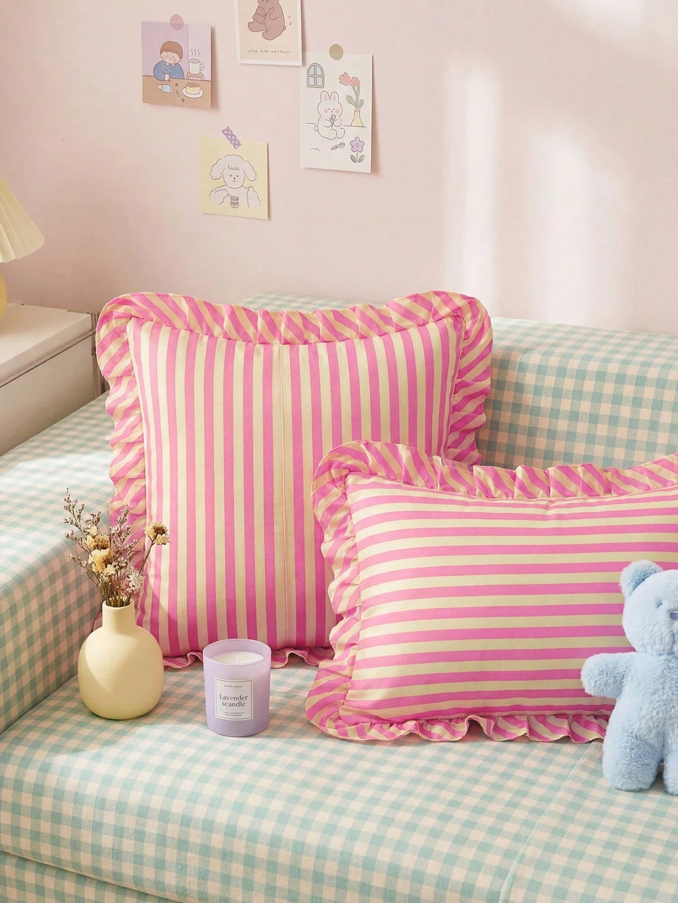 Honeymoon 1pc Printed Cushion Cover With Ruffles-Polyester Brushed Fabric Stripes Print Pattern, Soft And Breathable, Wrinkle Resistant, Pillowcase Without Filler-T F Q K Size For Home And Dorm, Oeko