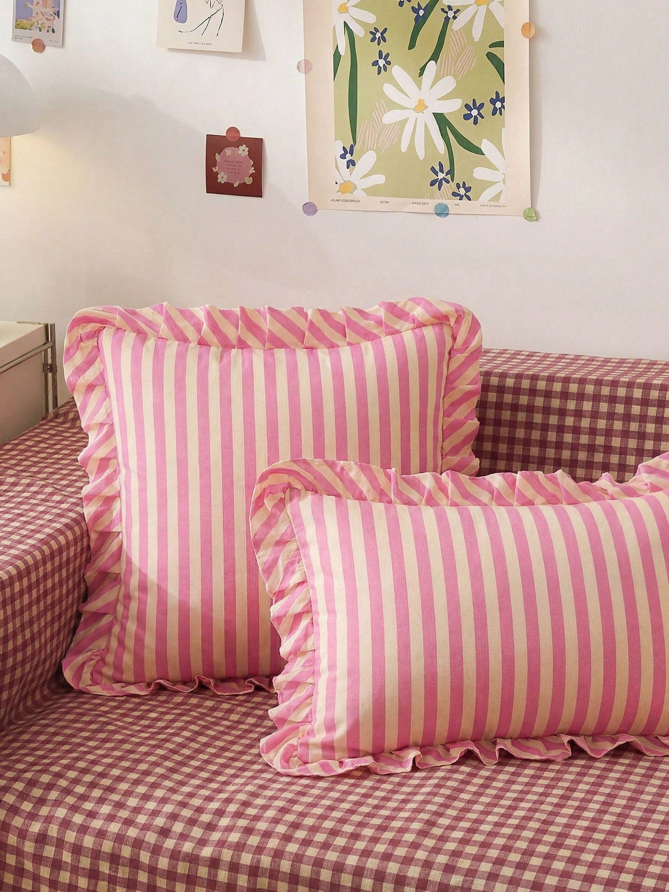 Honeymoon 1pc Printed Cushion Cover With Ruffles-Polyester Brushed Fabric Stripes Print Pattern, Soft And Breathable, Wrinkle Resistant, Pillowcase Without Filler-T F Q K Size For Home And Dorm, Oeko