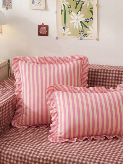Honeymoon 1pc Printed Cushion Cover With Ruffles-Polyester Brushed Fabric Stripes Print Pattern, Soft And Breathable, Wrinkle Resistant, Pillowcase Without Filler-T F Q K Size For Home And Dorm, Oeko