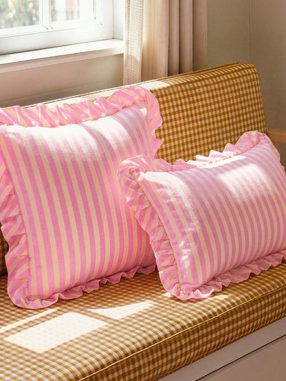 Honeymoon 1pc Printed Cushion Cover With Ruffles-Polyester Brushed Fabric Stripes Print Pattern, Soft And Breathable, Wrinkle Resistant, Pillowcase Without Filler-T F Q K Size For Home And Dorm, Oeko