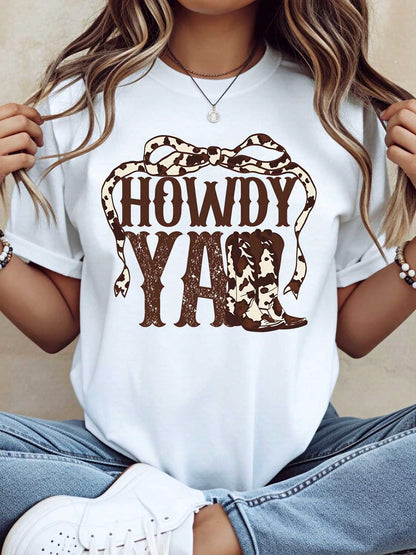 Howdy Yall Western Cowgirl T Shirt With Leopard Bow And Boots Design For Women Country Style Casual Top Perfect For Festivals And Everyday Wear,220g