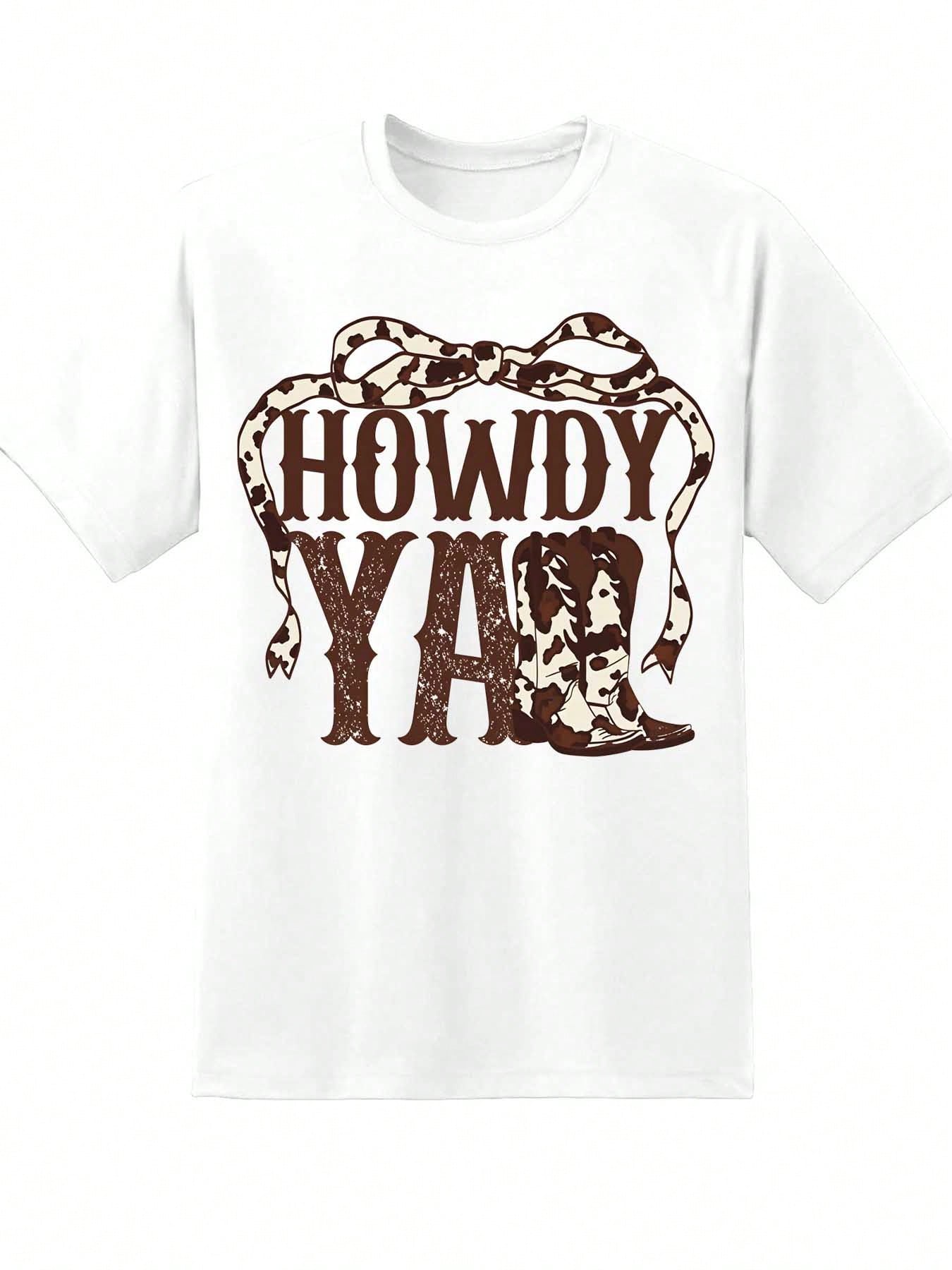 Howdy Yall Western Cowgirl T Shirt With Leopard Bow And Boots Design For Women Country Style Casual Top Perfect For Festivals And Everyday Wear,220g