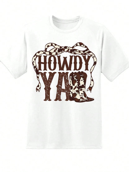 Howdy Yall Western Cowgirl T Shirt With Leopard Bow And Boots Design For Women Country Style Casual Top Perfect For Festivals And Everyday Wear,220g