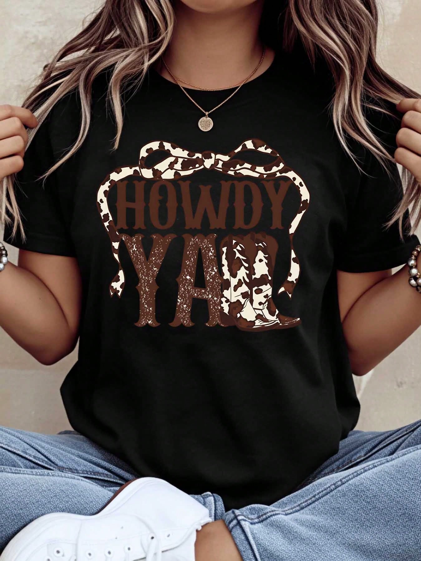 Howdy Yall Western Cowgirl T Shirt With Leopard Bow And Boots Design For Women Country Style Casual Top Perfect For Festivals And Everyday Wear,220g